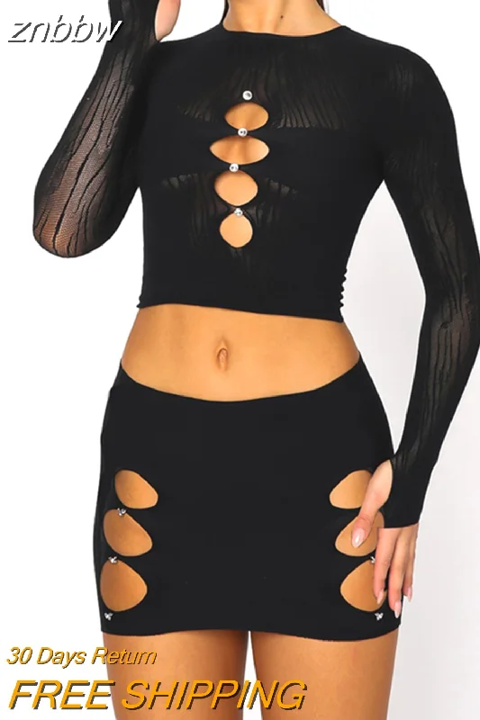 znbbw Autumn Sexy Mesh Sheer 2 Two Piece Set Club Outfit For Women 2023 Long Sleeve Crop Top And Skirt Set Female Matching Set