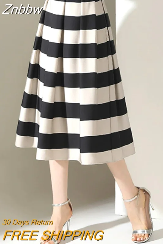 Znbbw Big Black White Striped Baggy High Waist A-Line Skirts For Women Summer Vintage Casual Streetwear Pleated Long Skirts