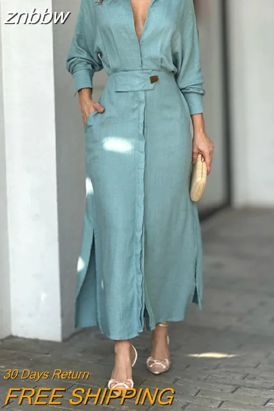 znbbw Fashion Slit Solid Shirt Dress Women Casual V Neck Lapel Full Sleeve With Pockets Long Skirt Spring Lady Streetwear Dresses