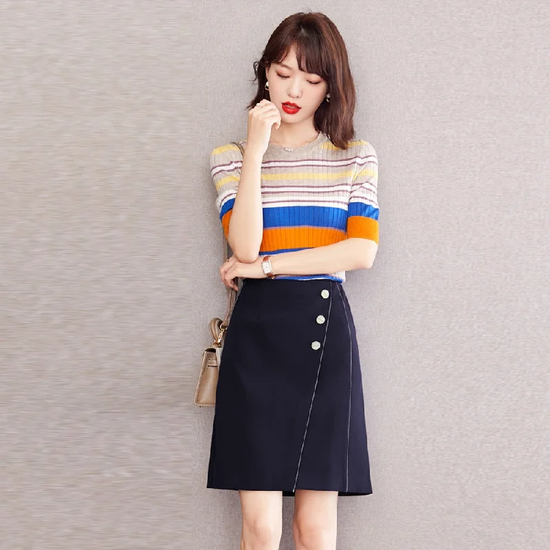 Znbbw Office Lady OL Style Skirts High Waist A-Line Skirts Women Simple Navy Casual Mini Skirts With Buttons Faldas Mujer 2023