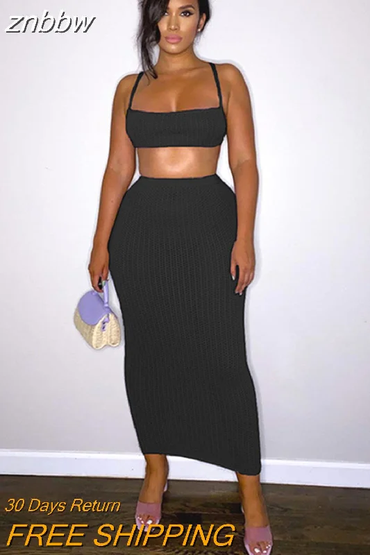 znbbw Sexy Knit Beach Two Piece Skirt Set For Women 2023 Summer Black Halter Top Skirt Set Sleeveless New In Matching Set