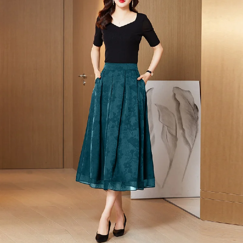 Znbbw Summer Fashion Jacquard Silk Skirts Women High Elastic Waist Pleated A-Line Long Skirt Female Casual Skirts Faldas Mujer