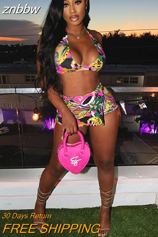 znbbw Summer Sexy Printing 2 Two Piece Sets Club For Women 2023 Halter Crop Top And High Waist Mini Skirts Sets Casual Females