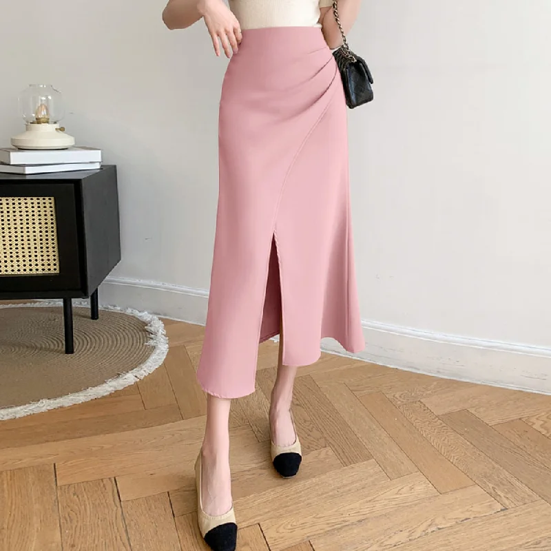 Znbbw Vintage Design Simple A-Line Skirts Sexy Split Folds High Waist Women Midi Skirt Elegant Female Office Skirt Jupe Femme