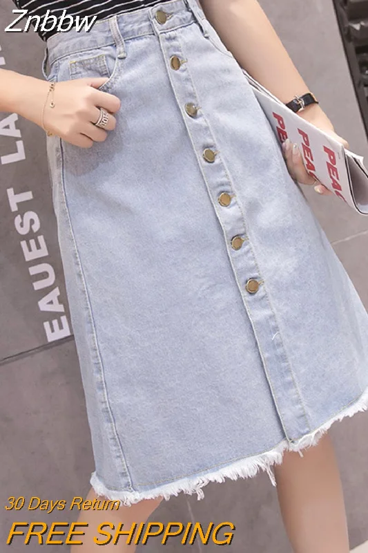 Znbbw Women High Waist Denim Skirts Fashion Chic Breasted A-Line Skirts Elegant Ladies Streetwear Tassel Casual Skirts Faldas Mujer