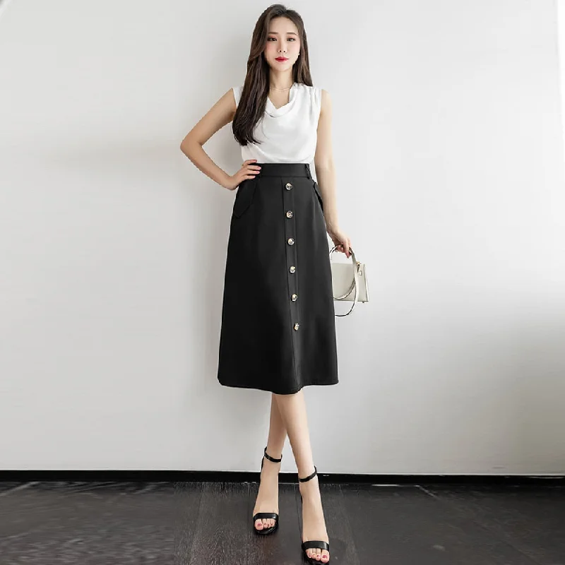 Znbbw Women's Skirts High Waist Single-Breasted Midi Skirts With Poakets Elegant Office All-Match Casual A-Line Skirts Jupe Femme