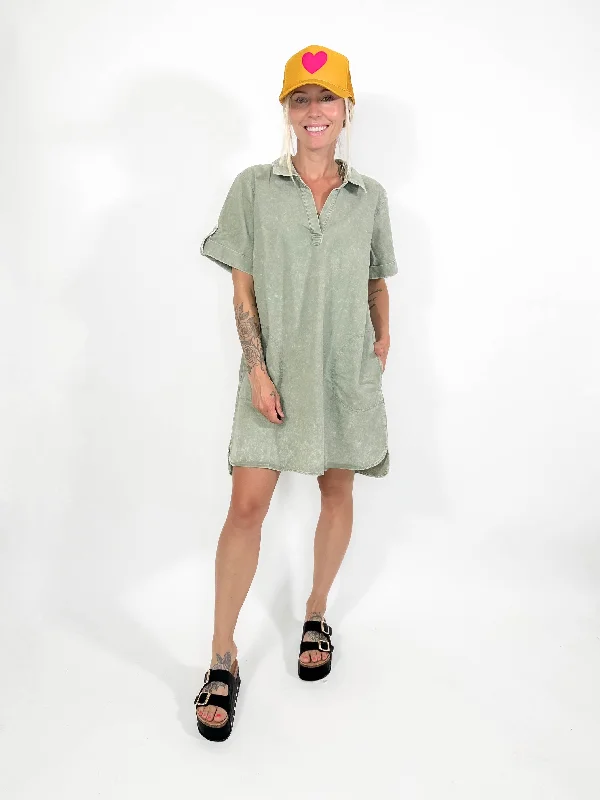 Aaron Washed T-Shirt Dress- OLIVE-FINAL SALE