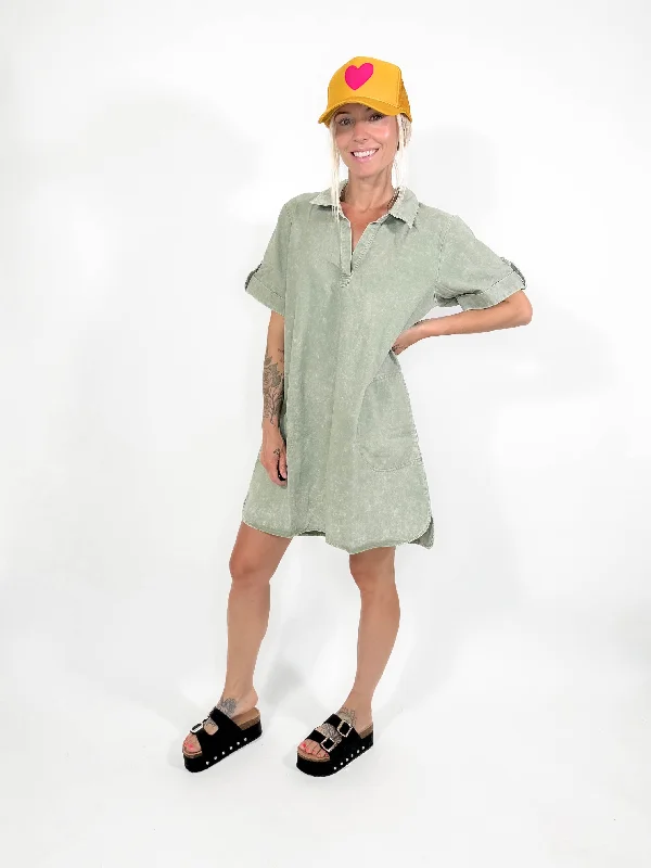 Aaron Washed T-Shirt Dress- OLIVE-FINAL SALE