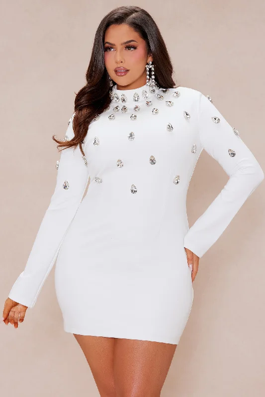 Aria Embellished Mini Dress - White