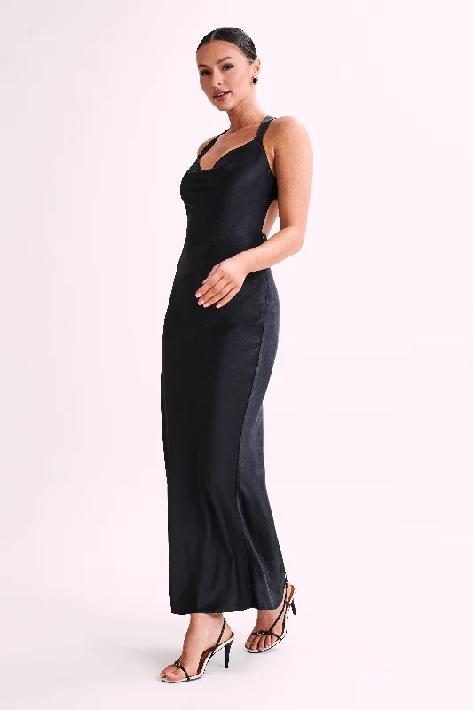 Caellie Satin Cowl Maxi Dress - Black