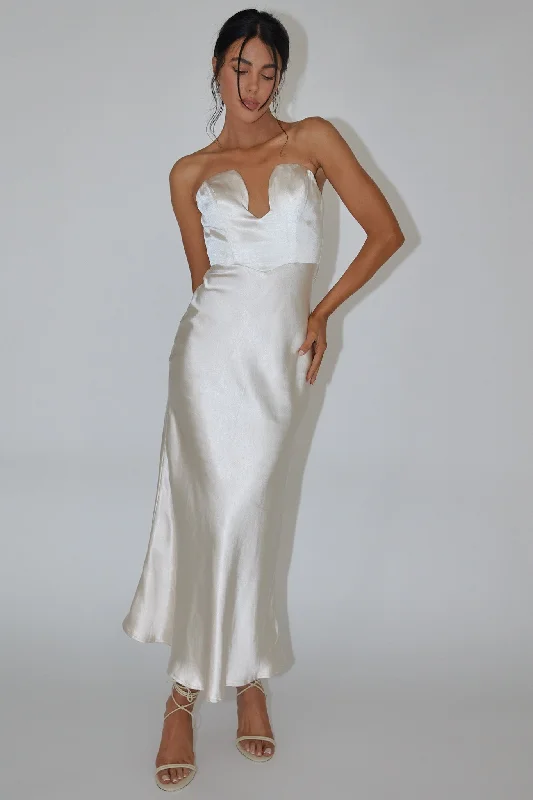 Encore Strapless Satin Maxi Dress Champagne