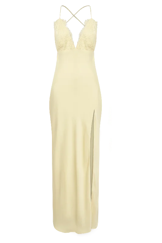 Gina Satin Slip Maxi Dress With Lace - Lemon