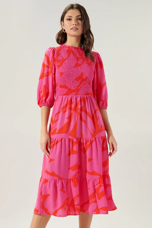 Jolene Abstract Frazier Smocked Tiered Midi Dress