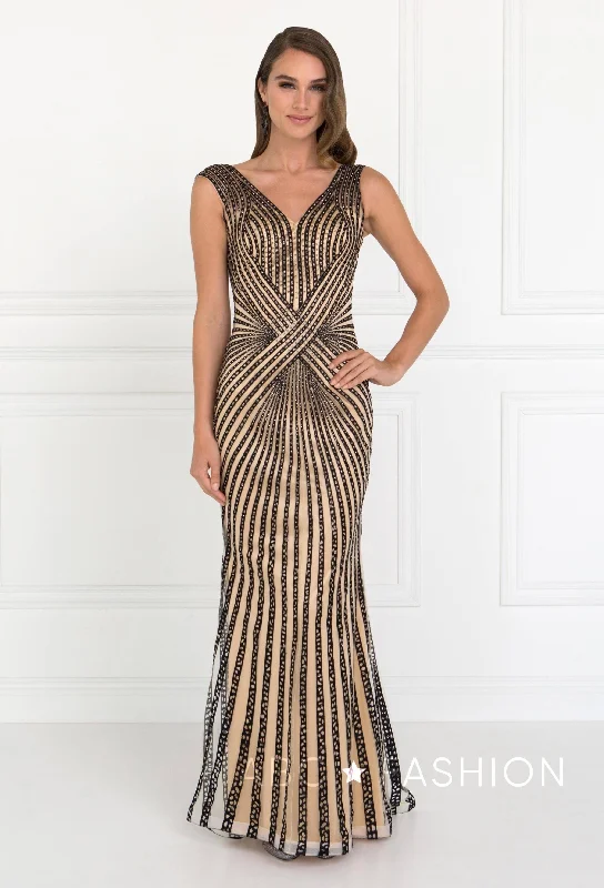 Long Sleeveless Beaded V-Neck Dress by Elizabeth K GL2053