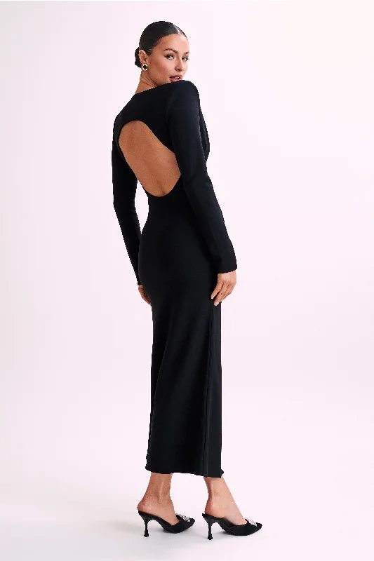 Michaela Long Sleeve Maxi Dress With Shoulder Pads - Black