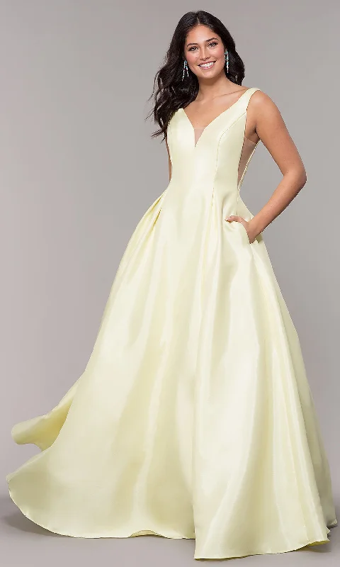 Long Satin A-Line Formal Gown with Sheer Sides