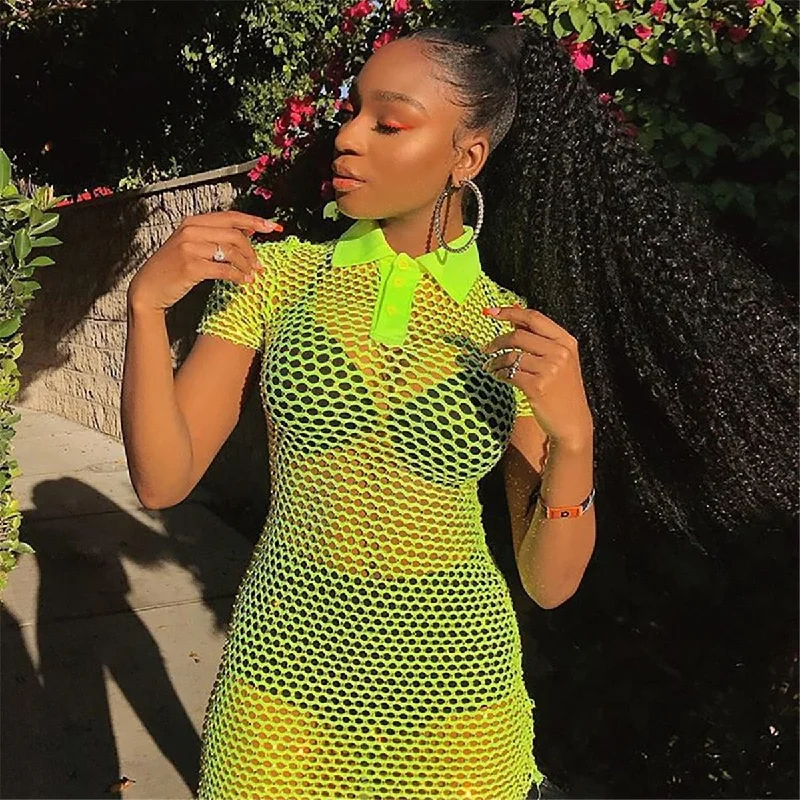 Neon Green Fishnet Mesh Bodycon Mini Dress