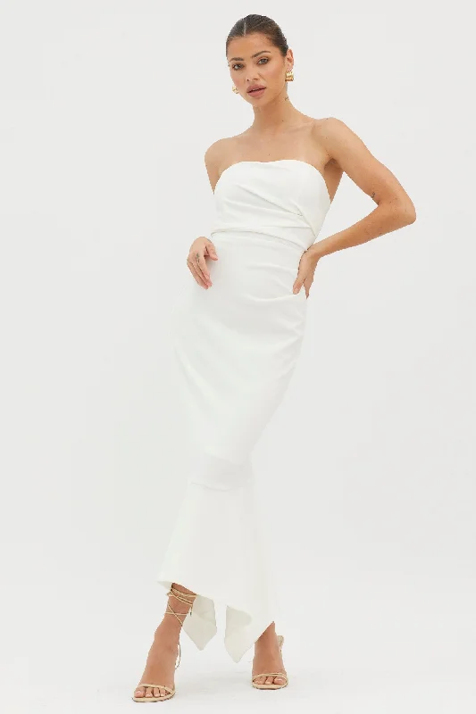 Sharona Strapless Gathered Midi Dress White