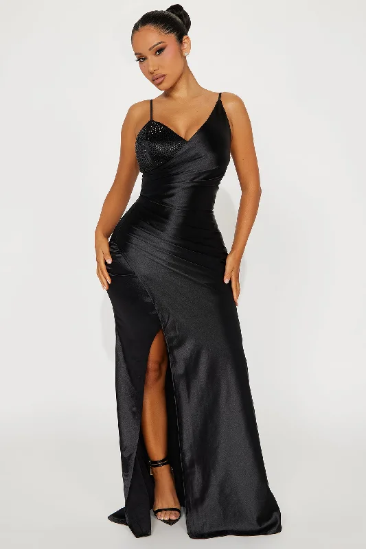 Sparkling Diamond Satin Gown - Black