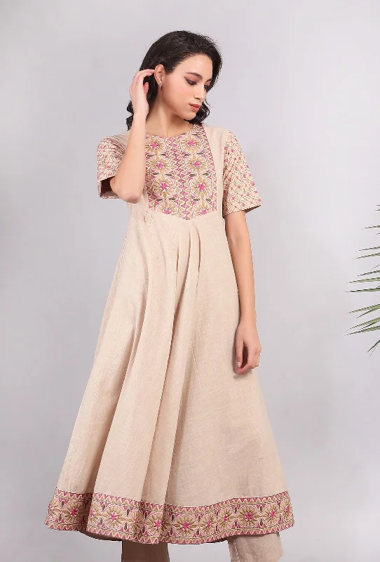 Beige Kantha Flared Kurta Dress