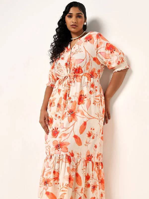 Gia Orange Floral Print Blended Linen Maxi Dress