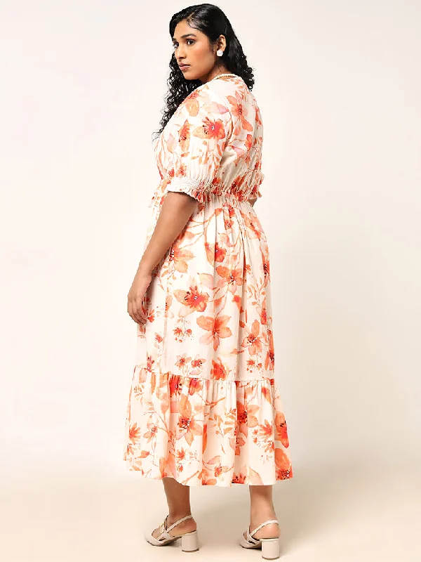 Gia Orange Floral Print Blended Linen Maxi Dress