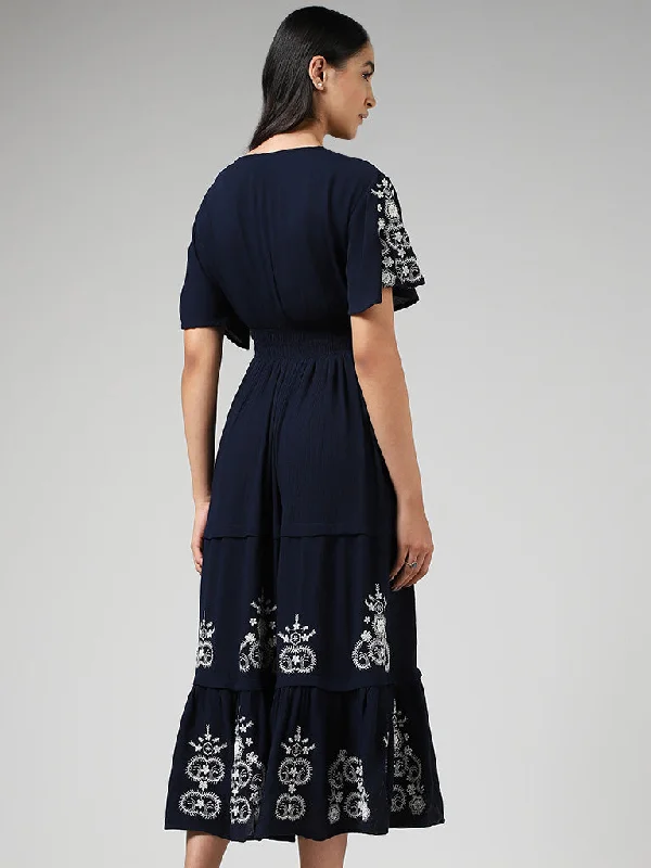 LOV Navy Floral Embroidered Tiered Dress