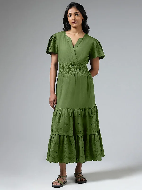 LOV Olive Green Schiffli Detail Tiered Dress