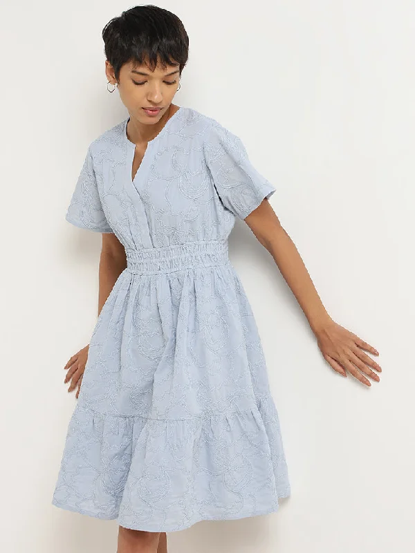 LOV Powder Blue Smocked Waisted Cotton Tiered Dress