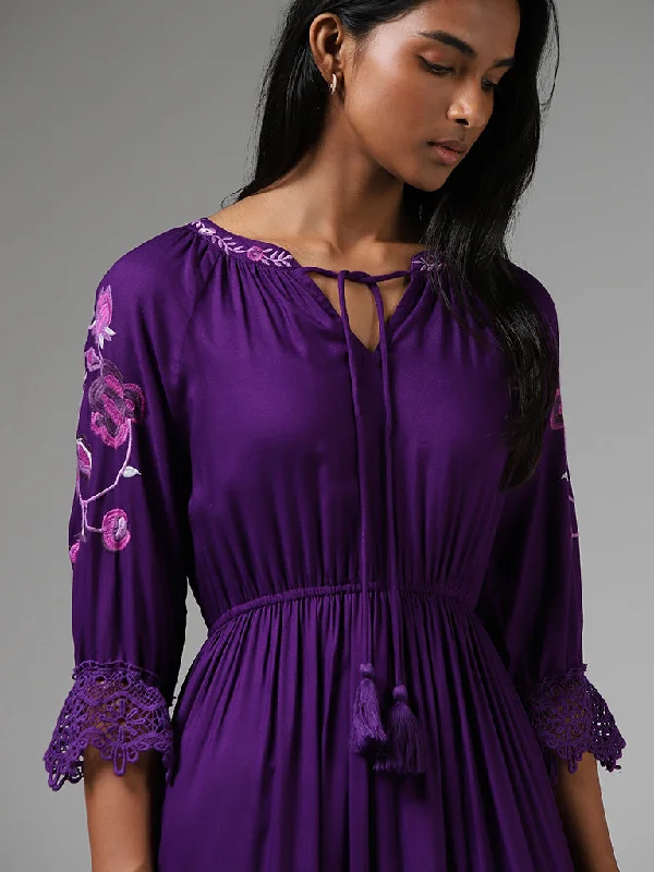 LOV Purple Floral Embroidered Lace Insert Dress