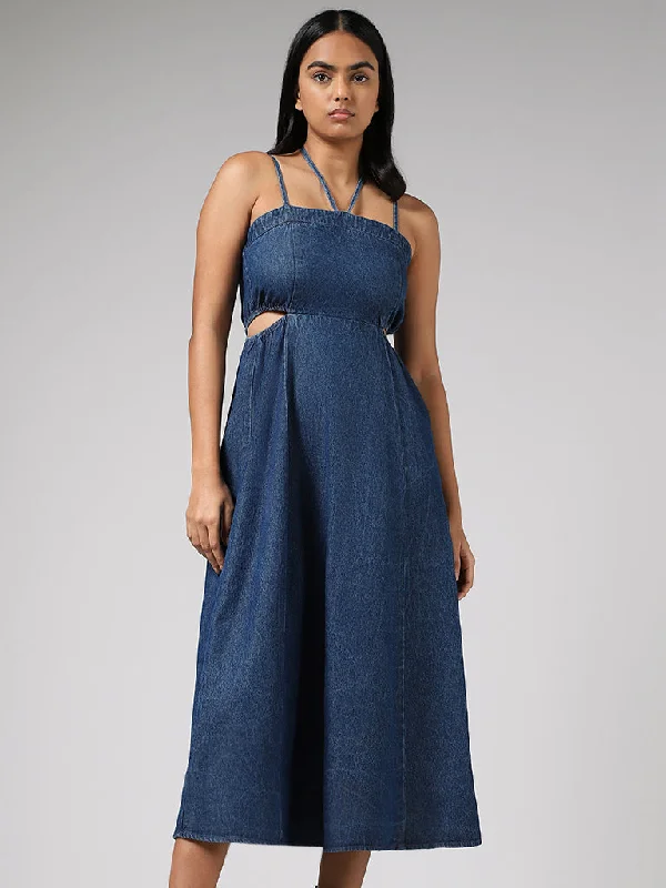 Nuon Blue Cut-Out Strappy Denim A-Line Dress