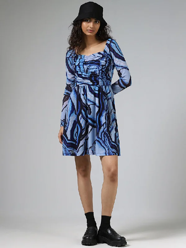 Nuon Blue Printed A-Line Dress