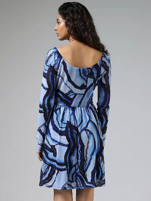 Nuon Blue Printed A-Line Dress