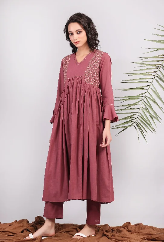 Plum Kantha Front Gathered Long Kurta dress