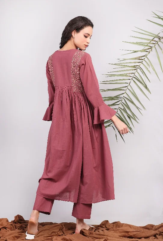 Plum Kantha Front Gathered Long Kurta dress