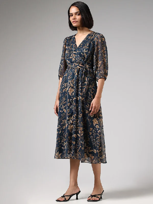 Wardrobe Floral Printed Blue A-Line Dress with Belt