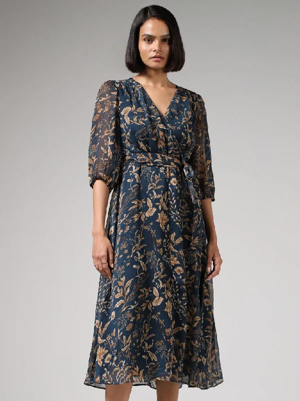 Wardrobe Floral Printed Blue A-Line Dress with Belt