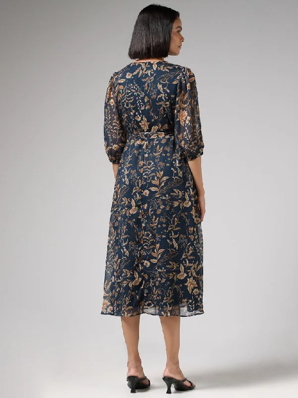 Wardrobe Floral Printed Blue A-Line Dress with Belt